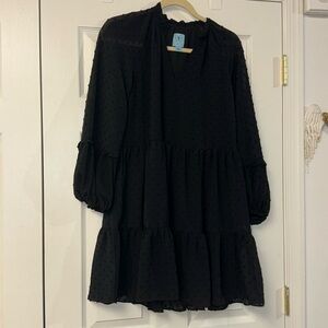 NWT CeCe black long sleeve sheer ruffle tiered mini swing dress S